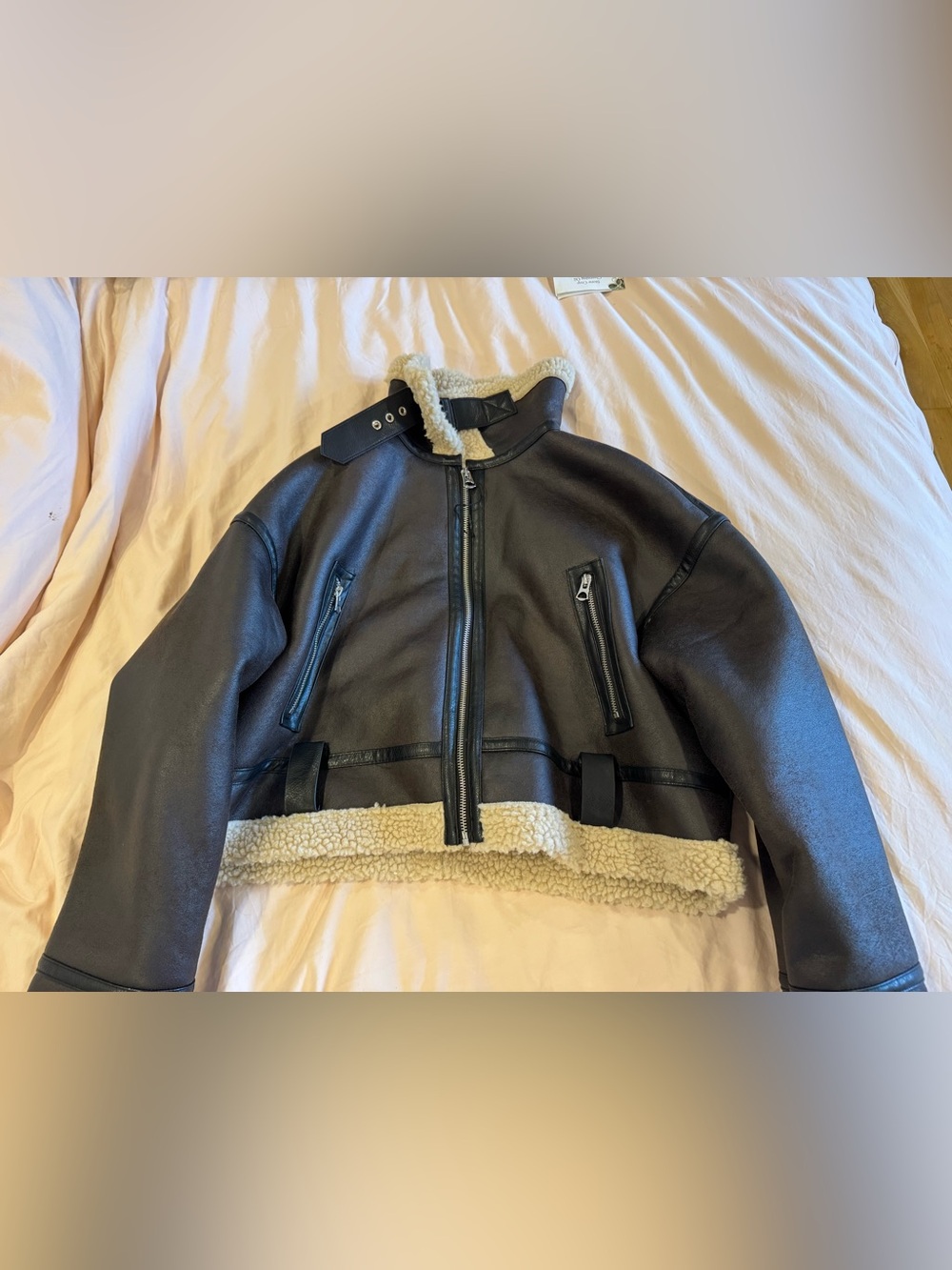 Cropped Brown Shearling-Lined Aviator Jacket - Women